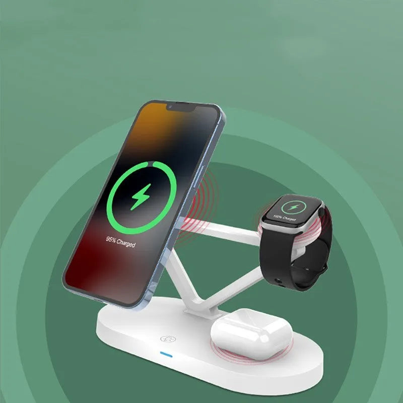 Black and white 3-in-1 wireless charging station for Apple Watch, AirPods and mobile phone.