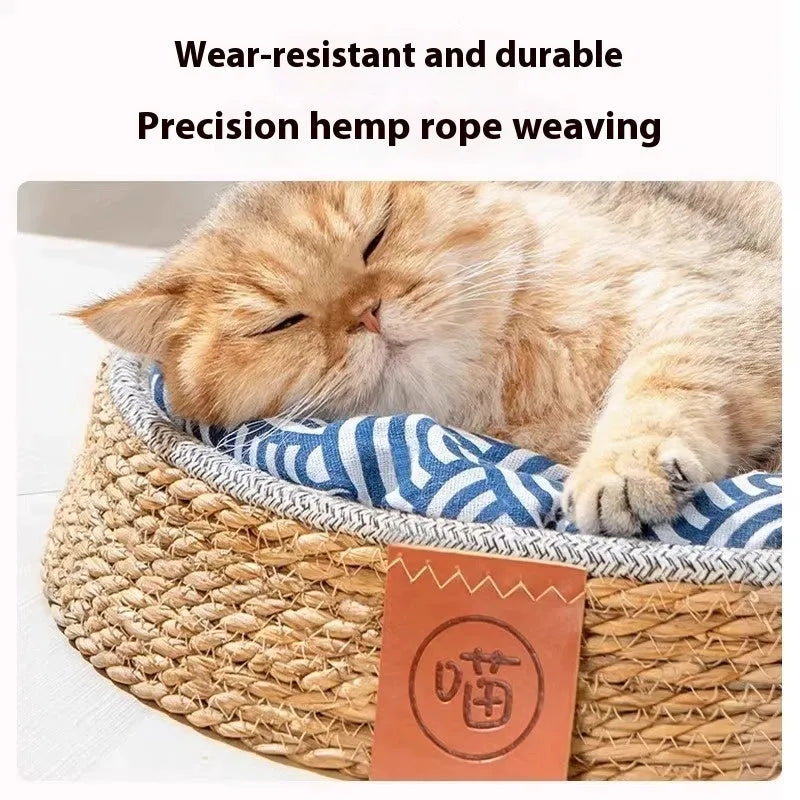 Natural rattan woven cat nest bed for pets, shown in one of four available sizes.