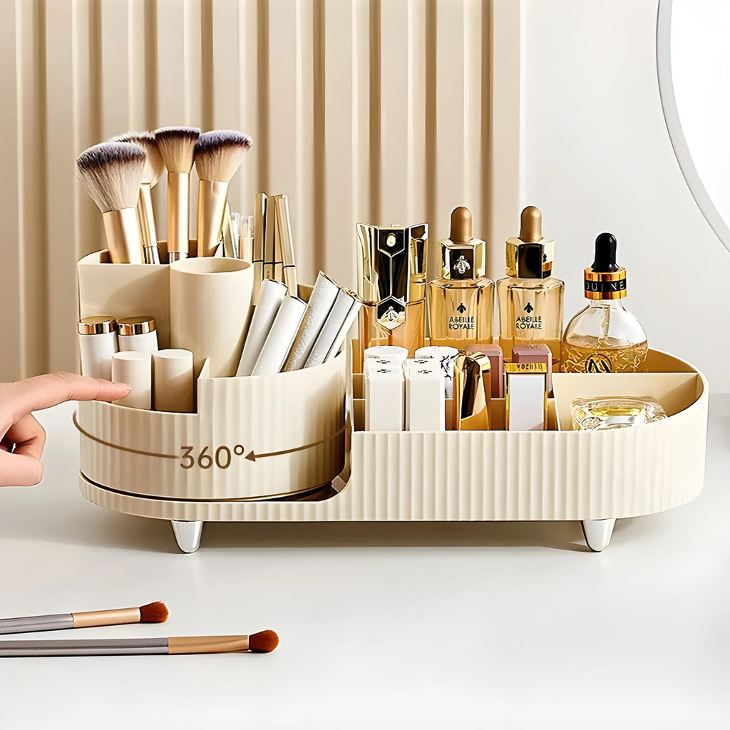 Rotating cosmetics storage box organiser for makeup brushes and cosmetics on dresser table