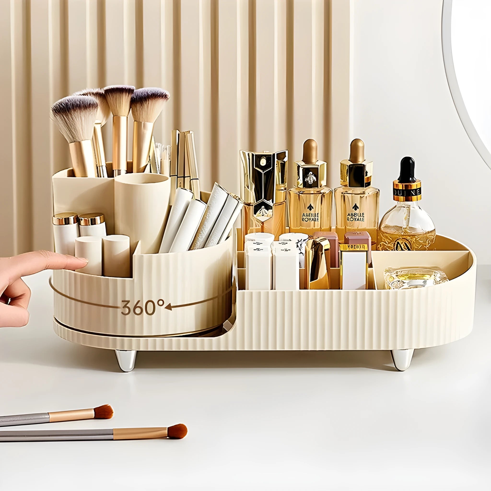 Rotating cosmetics storage box organiser for makeup brushes and cosmetics on dresser table
