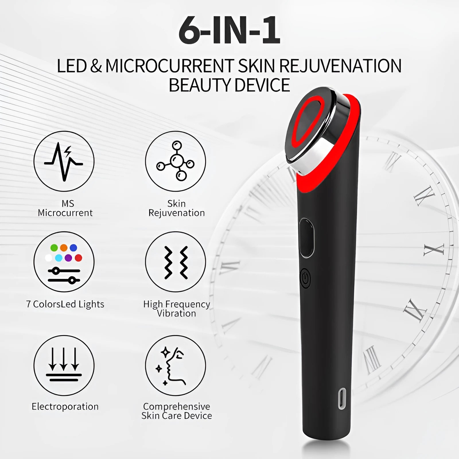Black 7 colour light vibration therapy massager for eyes and face on a plain background.