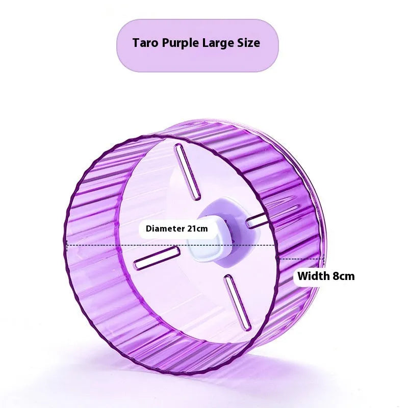 A transparent plastic parrot running wheel exercise toy with a 21cm diameter, mounted on cage bars.