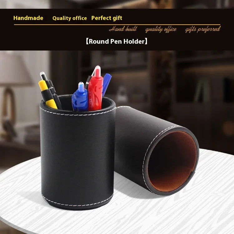 Black leather round pen container showing cylindrical shape for desk organisation