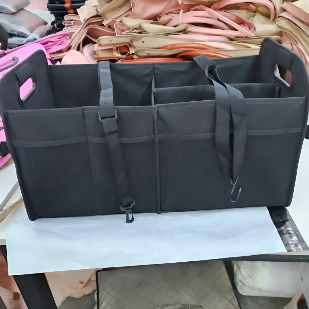 Foldable multi-compartment car trunk storage box with handle in black colour