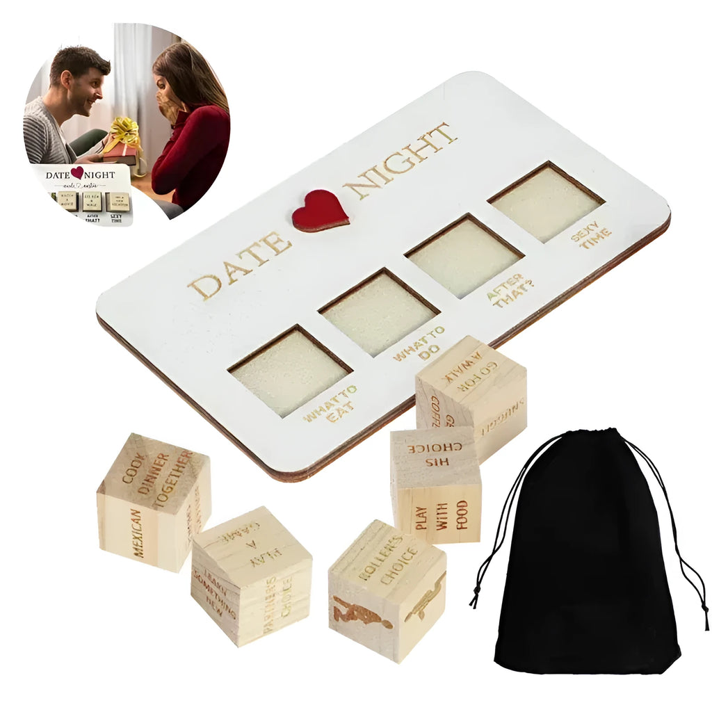 Wooden date night dice set with five natural wood dice, date planner board, and black storage bag for couple games