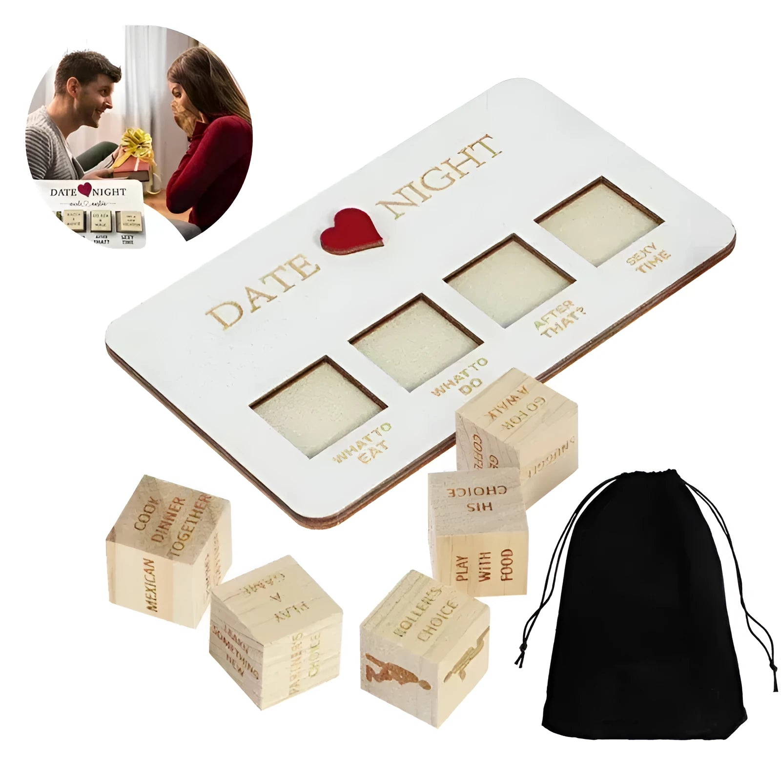 Wooden date night dice set with five natural wood dice, date planner board, and black storage bag for couple games
