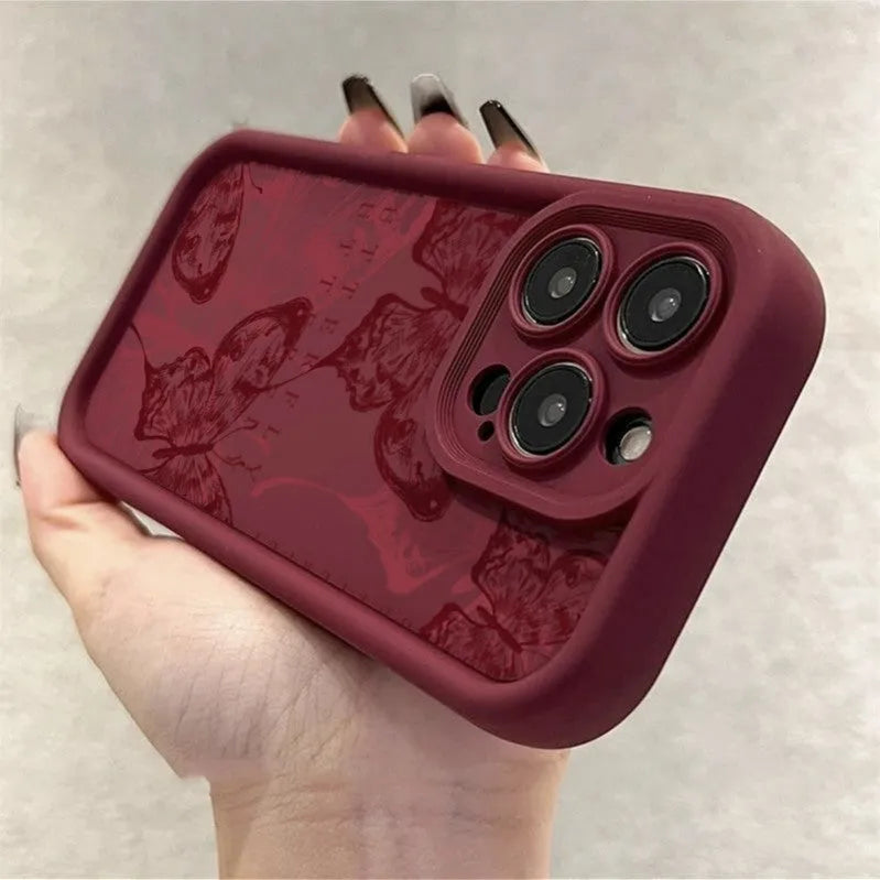 Wine red butterfly print silicone phone case for Apple iPhone with anti-fall protection