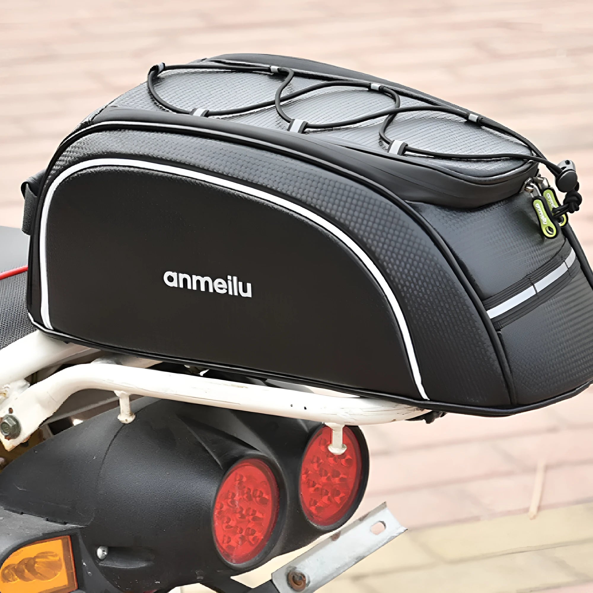 Waterproof black bicycle rear rack bag mounted on bike with 8-litre capacity