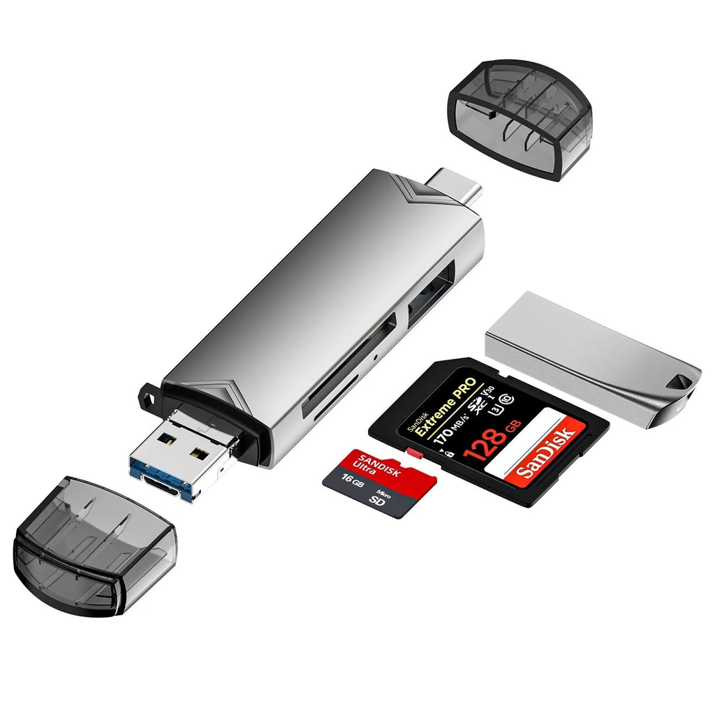 Aluminium alloy multi-functional card reader with SD and TF slots, USB Type-C and Micro interfaces, grey or silver
