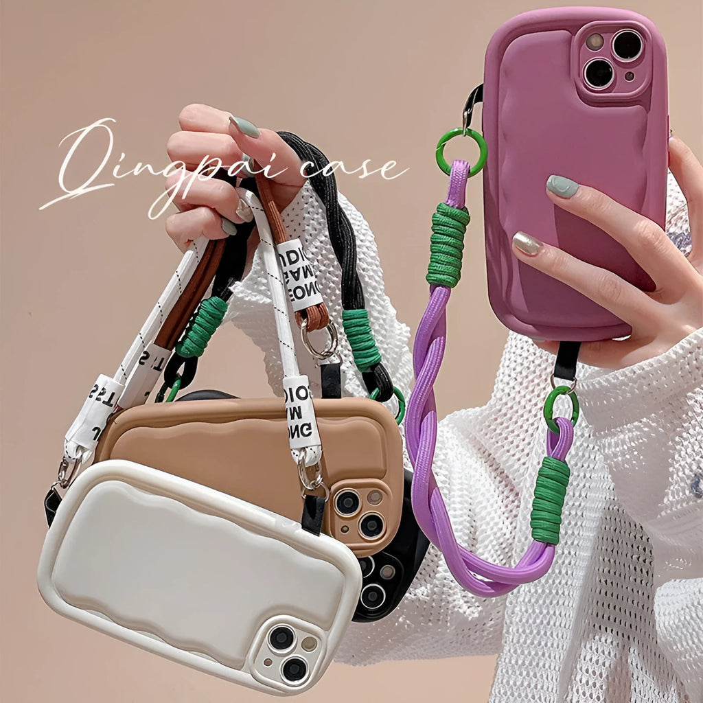 TPU phone case with ribbon wrist lanyard for Apple iPhone, three-dimensional decorative texture, purple colour option