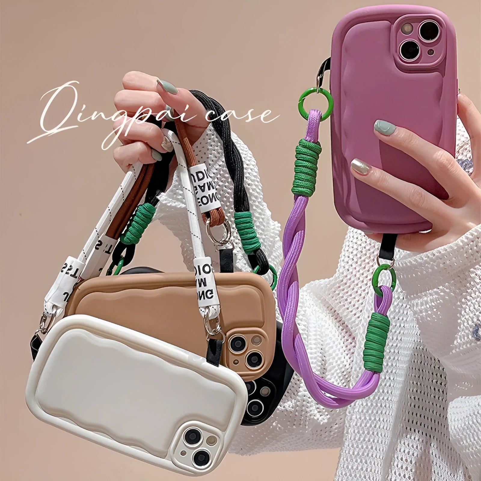 TPU phone case with ribbon wrist lanyard for Apple iPhone, three-dimensional decorative texture, purple colour option