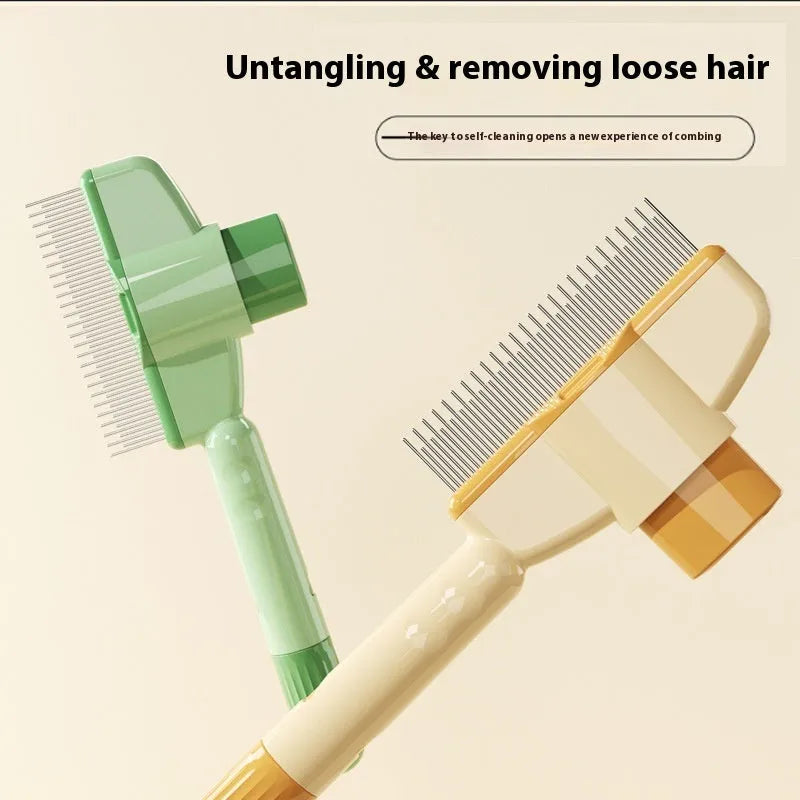 Yellow and green self-cleaning pet grooming comb with stainless steel teeth and release button