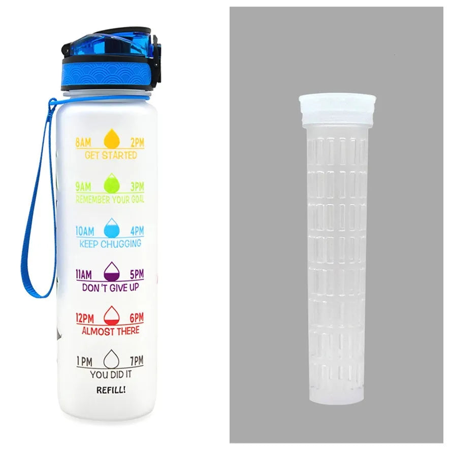 Blue and red gradient 1 litre Tritan sports water bottle with time markers and a black flip-top lid.