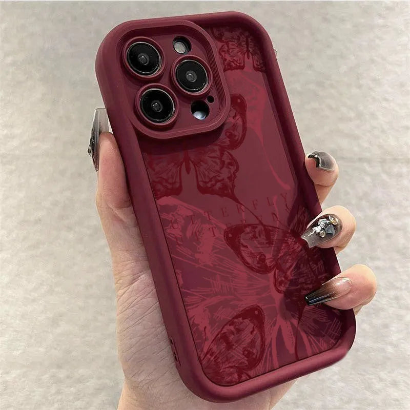 Wine red butterfly print silicone phone case for Apple iPhone with anti-fall protection