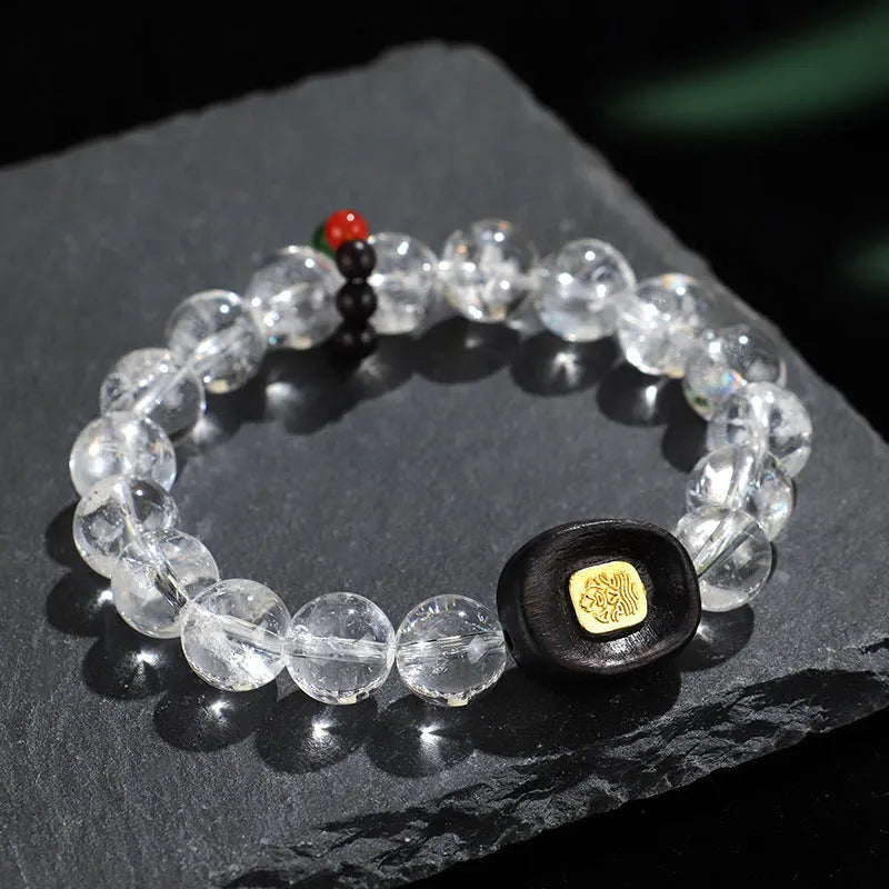 White crystal ebony wooden bracelet with five-warp braiding ethnic design