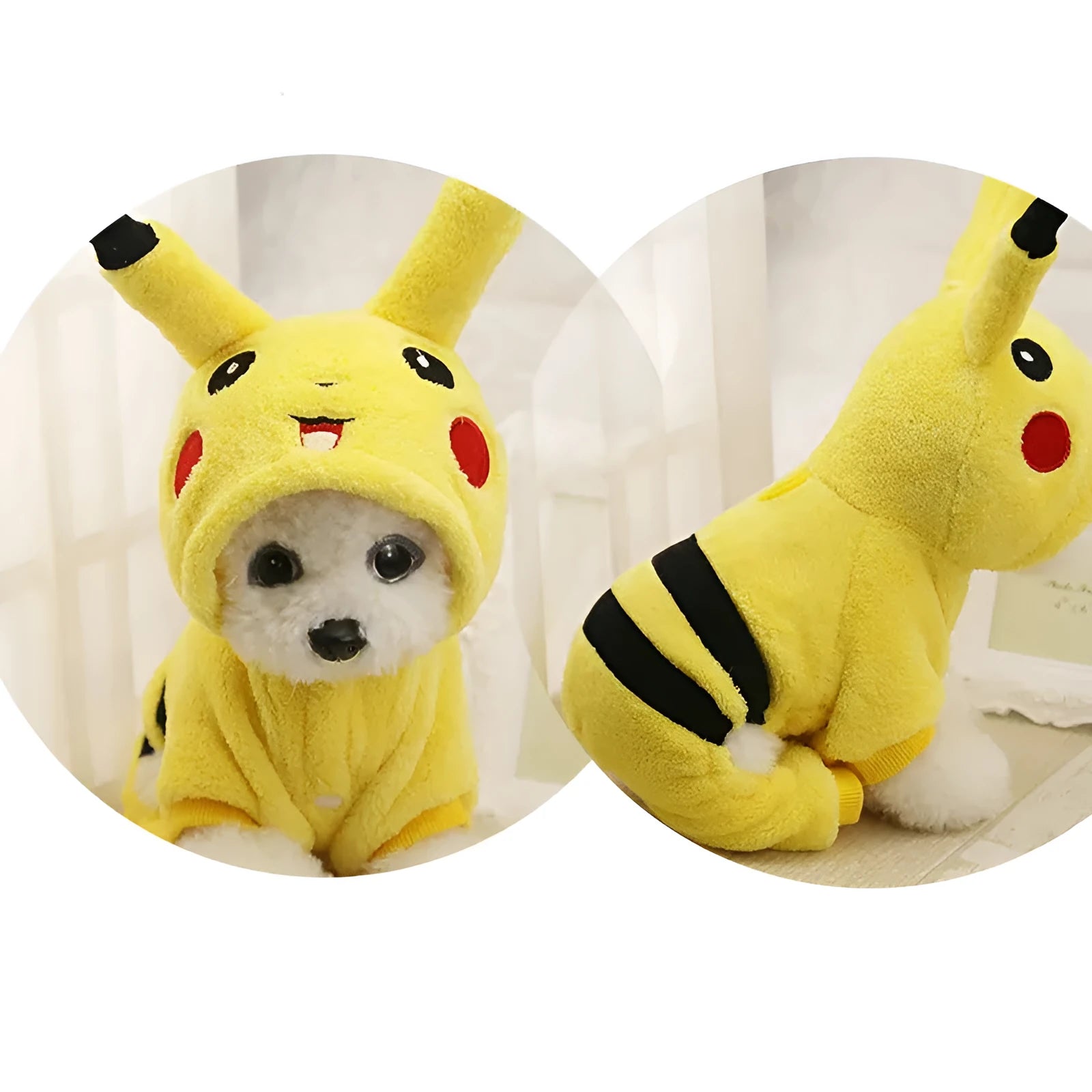 Dog or cat wearing a cartoon-style fleece hooded coat in a cosplay design.