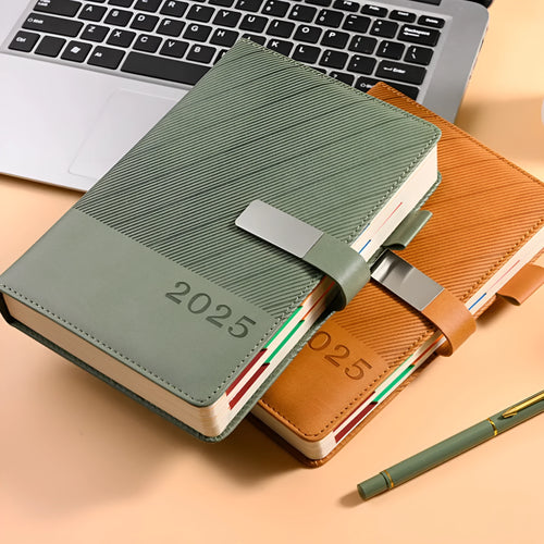 A4 notepad with striped PU leather cover open to show wood-free paper, available in eight colours.