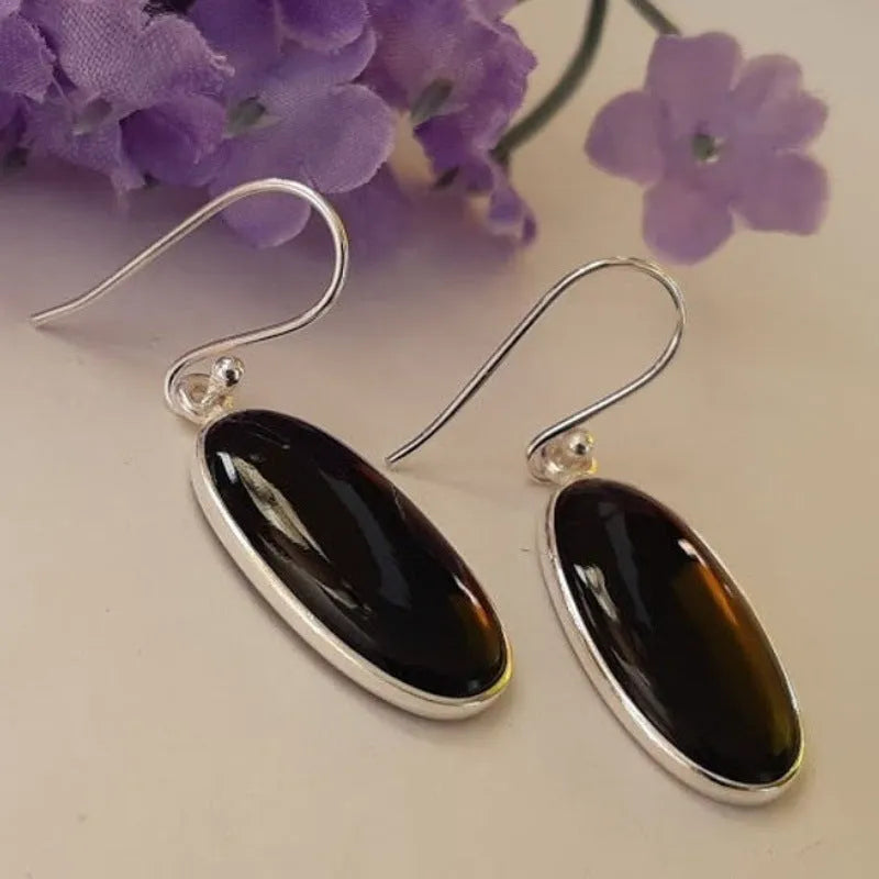 Women's earrings with 925 silver electroplating and black agate oval pendants in geometric Chinese style