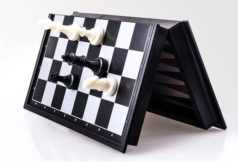 Three-in-one magnetic chess checkers backgammon set with plastic board, ABS pieces, and colour box packaging
