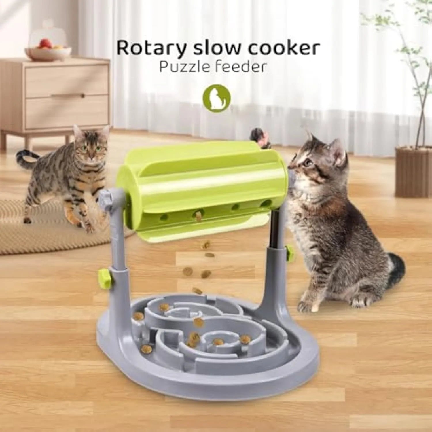 Interactive pet food puzzle slow feeder in blue, green, or pink with adjustable height settings