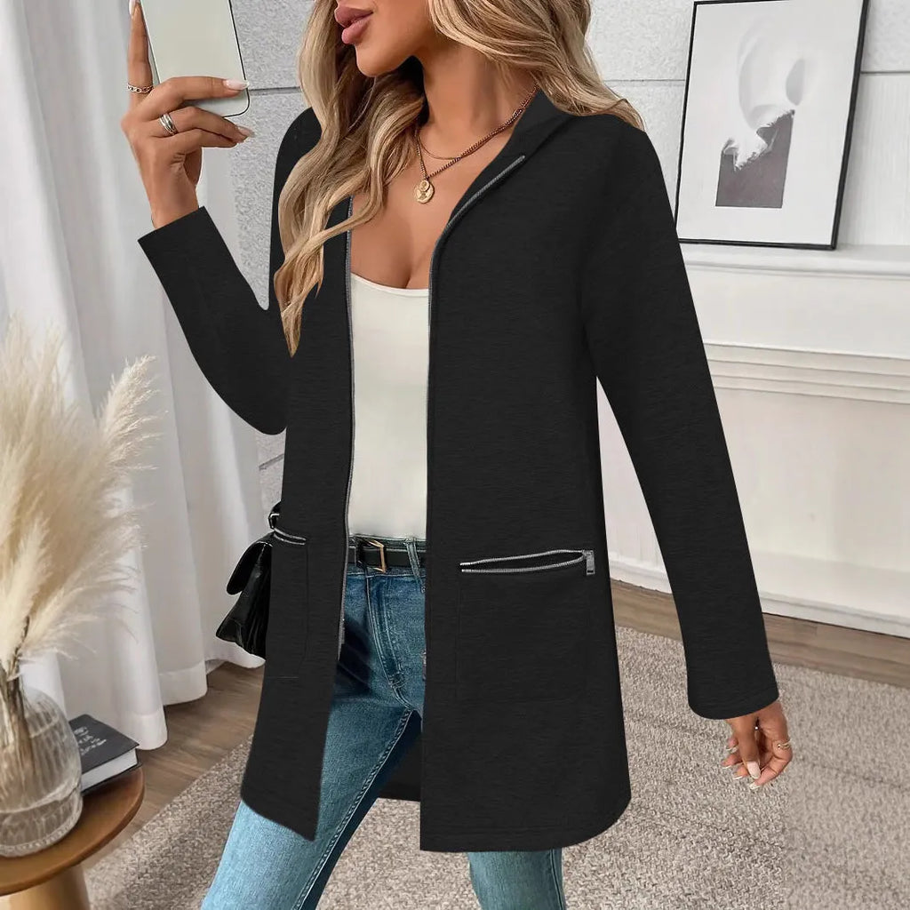 Loose fit women's mid-length cardigan coat in polyester, shown in grey, black or khaki with pockets.