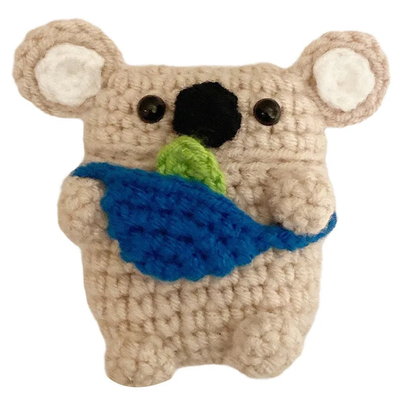 Hand-knitted koala bear backpack design cover for Apple AirPods case.