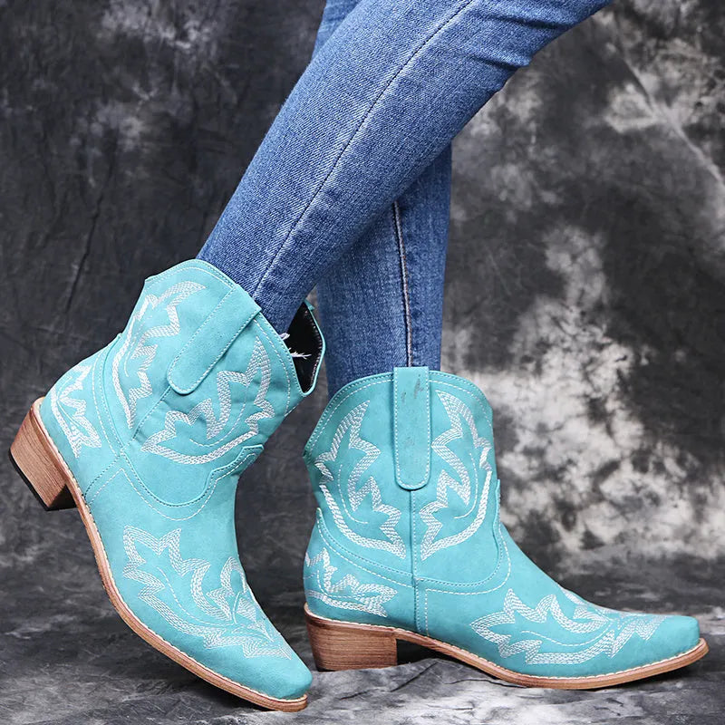 Women's embroidered cowboy boots with wedge heel in blue, brown and wine red colours
