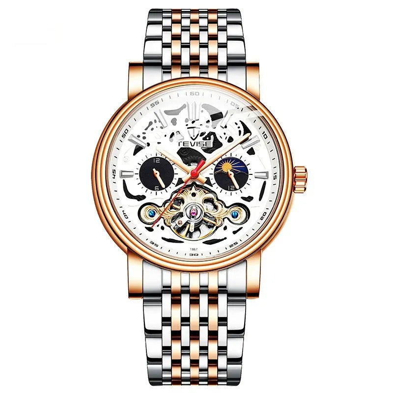 Men's black mechanical watch with tourbillon, luminous hands on a metal bracelet.