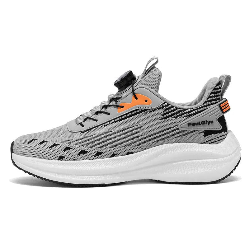 Men's white green rotating buckle fly-kit mesh sports shoes with TPU popcorn sole showing lace-up front and shallow opening design
