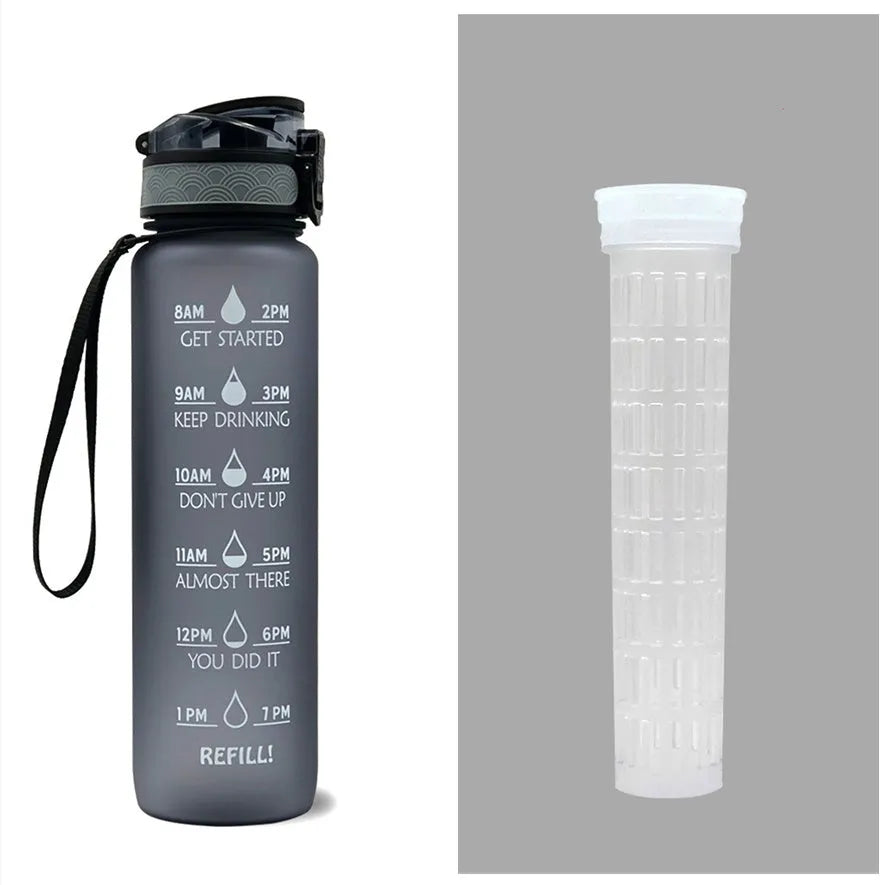 Blue and red gradient 1 litre Tritan sports water bottle with time markers and a black flip-top lid.