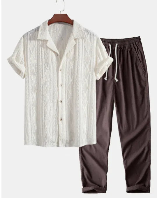 Men's slim fit camouflage print short-sleeve shirt and trousers casual suit set