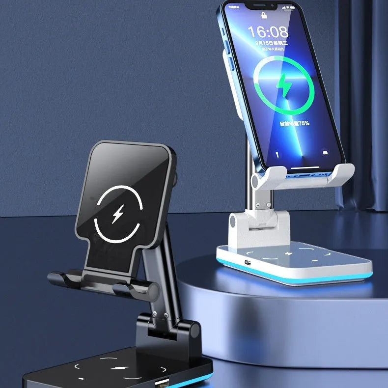 Black and white desktop wireless charging phone holder stand on a desk