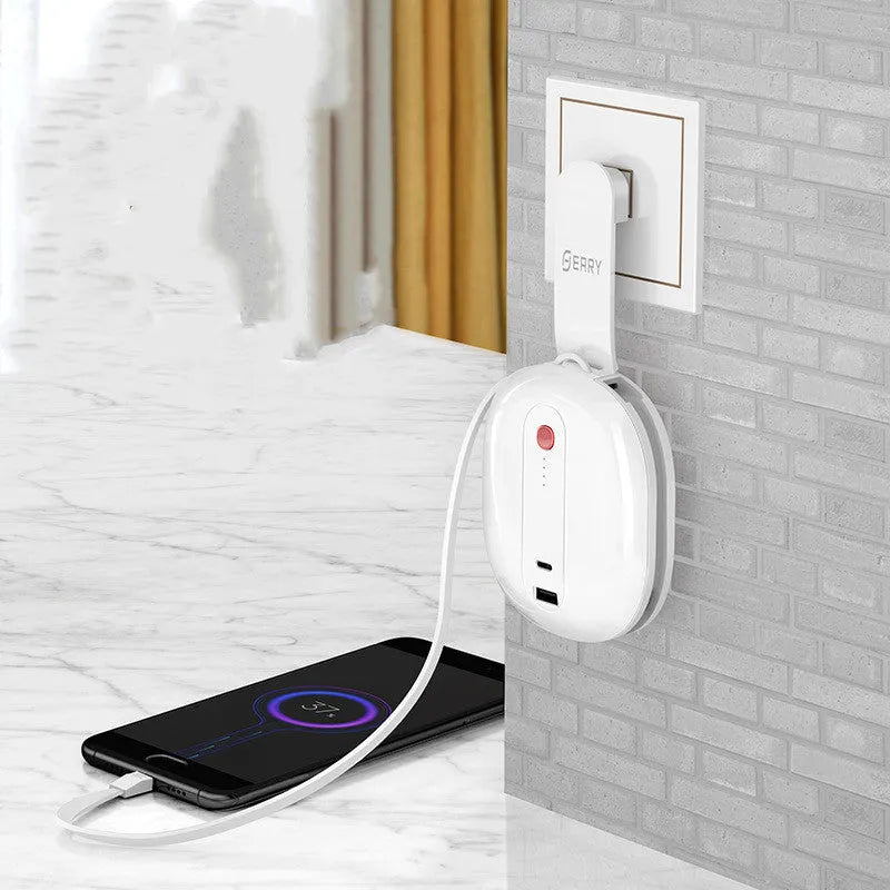 White and black 10000mAh power bank with built-in plug showing aluminium shell construction
