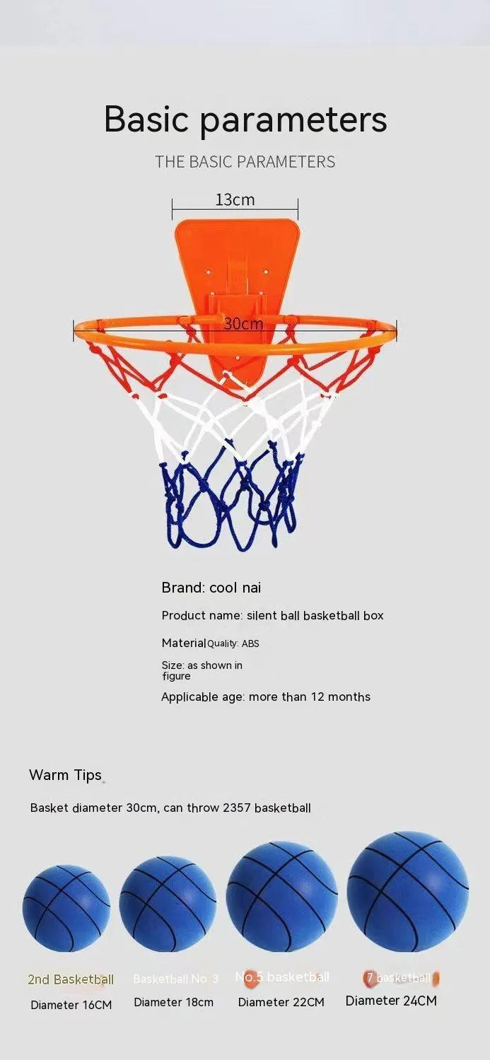 Silent indoor basketball set with high-density foam ball in assorted colours and multiple size options