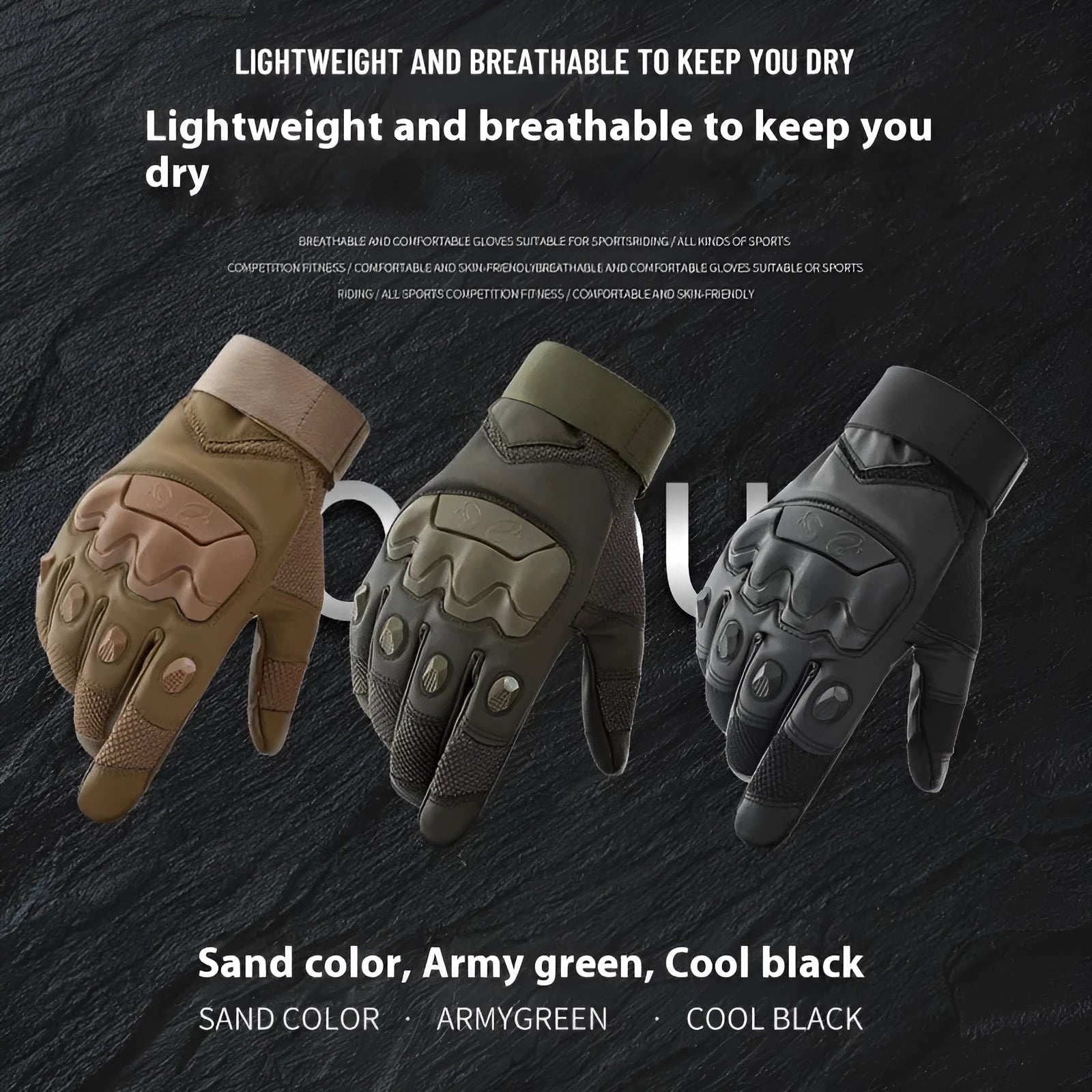 Men's black tactical training gloves with touch screen fingertips on a hand.