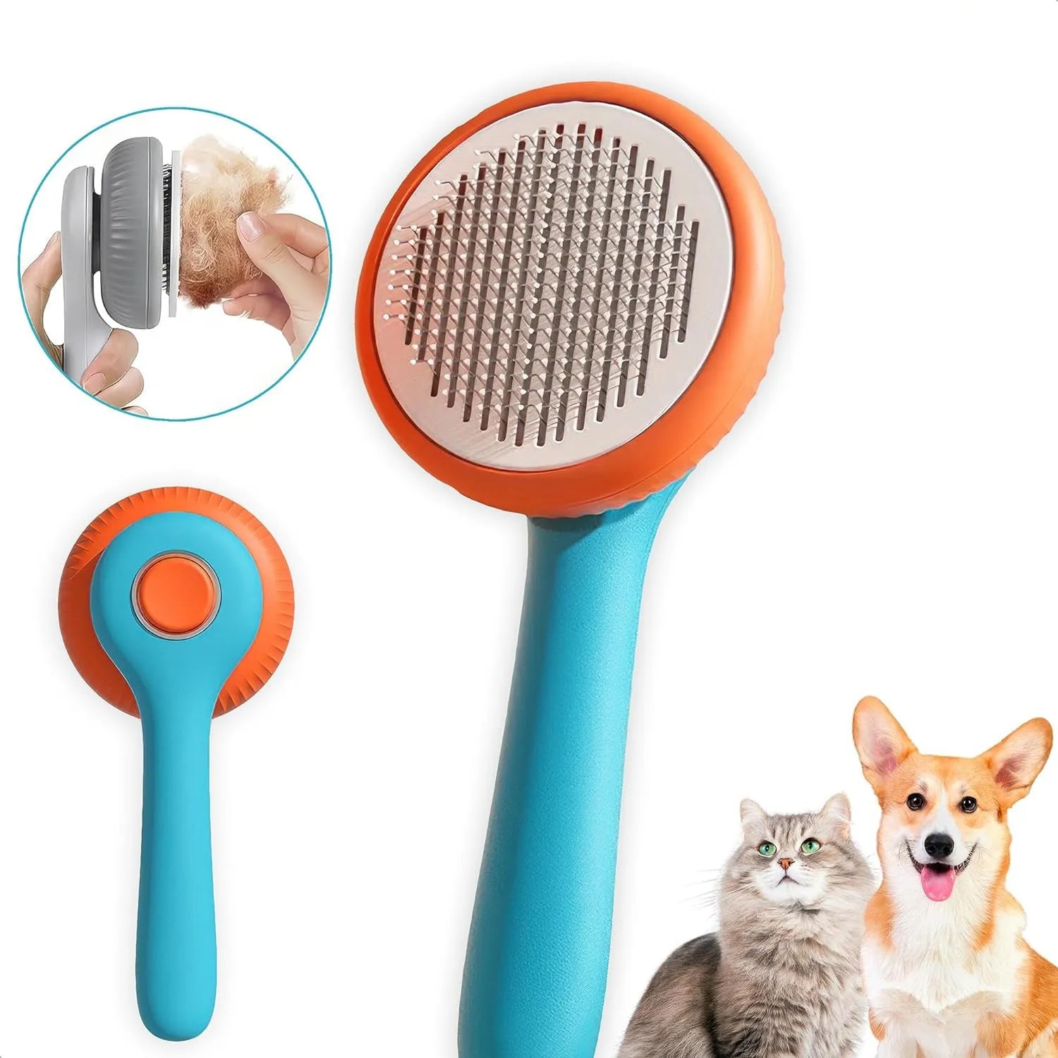 Blue and white self-cleaning pet grooming brush with a slicker comb head for cats and dogs.