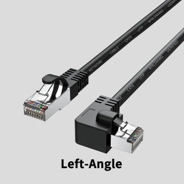 Cat6 Ethernet cable with a right-angle black RJ45 connector alongside cables in white, red, and yellow.