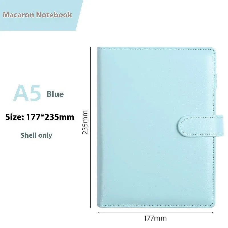 A5 PU leather zipper binder notebook shell shown in multiple solid colours including pink, blue, and black.