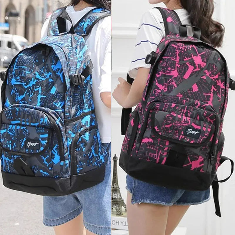 Classic large blue nylon backpack for school and travel displayed.