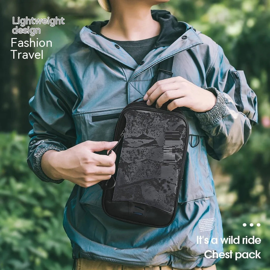 Casual black waterproof TPU chest bag with a single strap and soft handle.