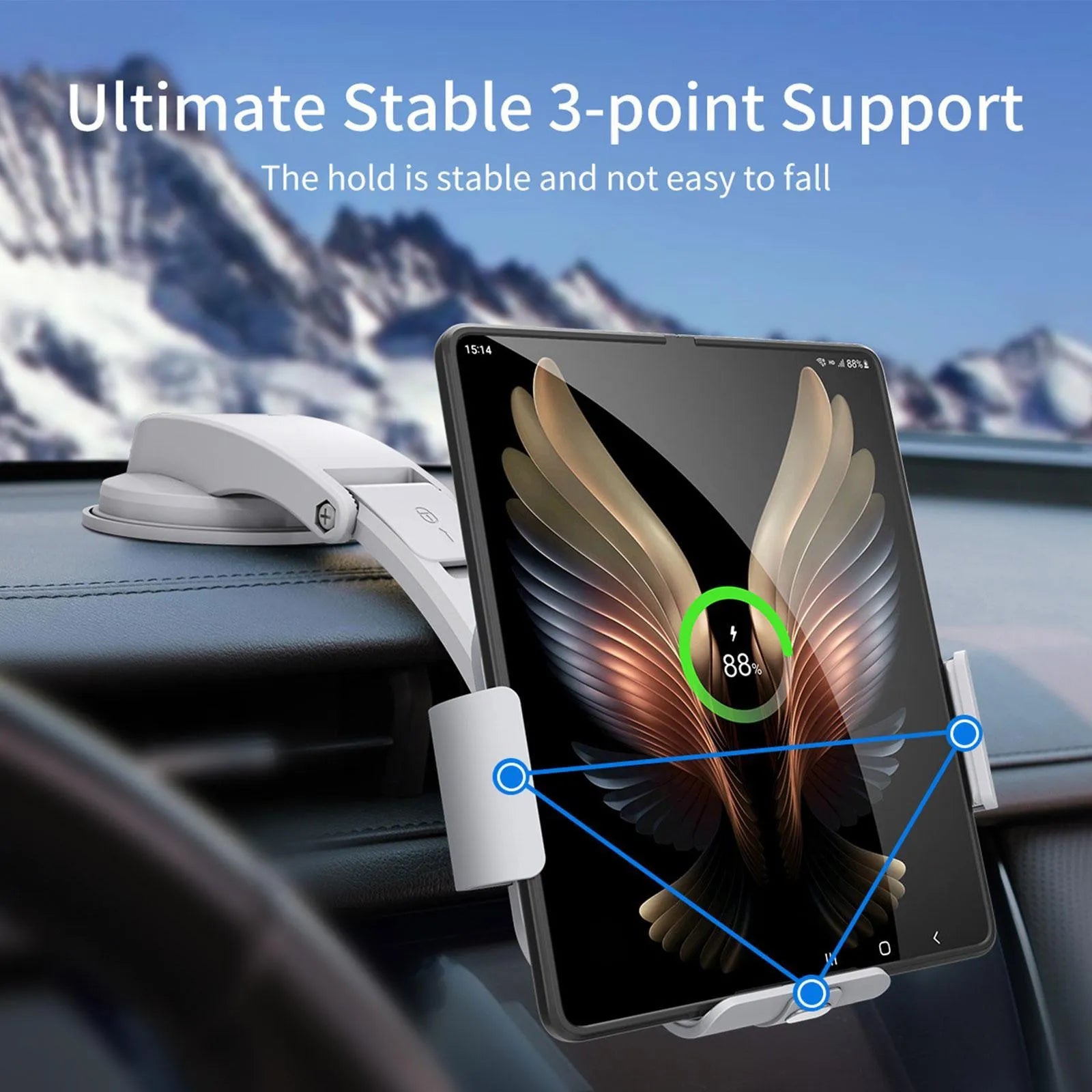 Grey folding wireless charging phone holder for car with air conditioner clip and suction cup bracket on a dashboard.
