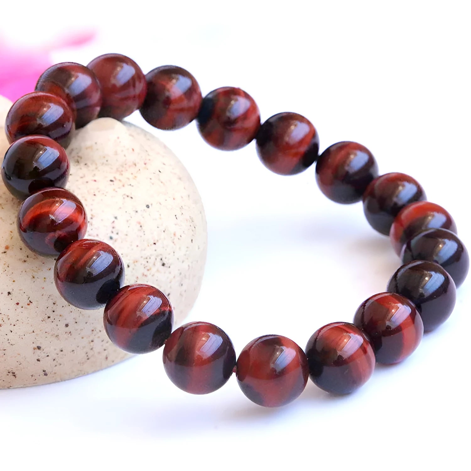 Wood alexandrite tigereye stone hand bracelet with geometric round beads in lightning cat's eye colour.