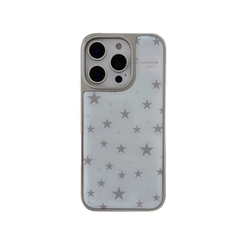 Blue epoxy phone case with five-pointed star pattern and electroplated silver edge for iPhone 15 Pro Max