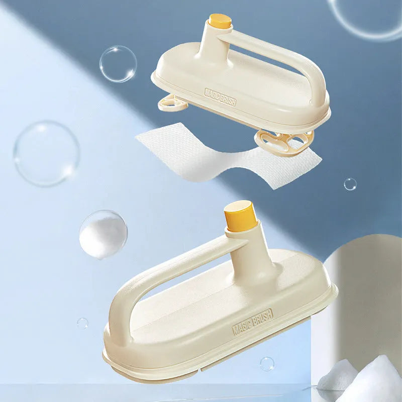 Magic Brush disposable cleaning tool with plastic handle, storage box, and 50 white non-woven fabric rag refills.