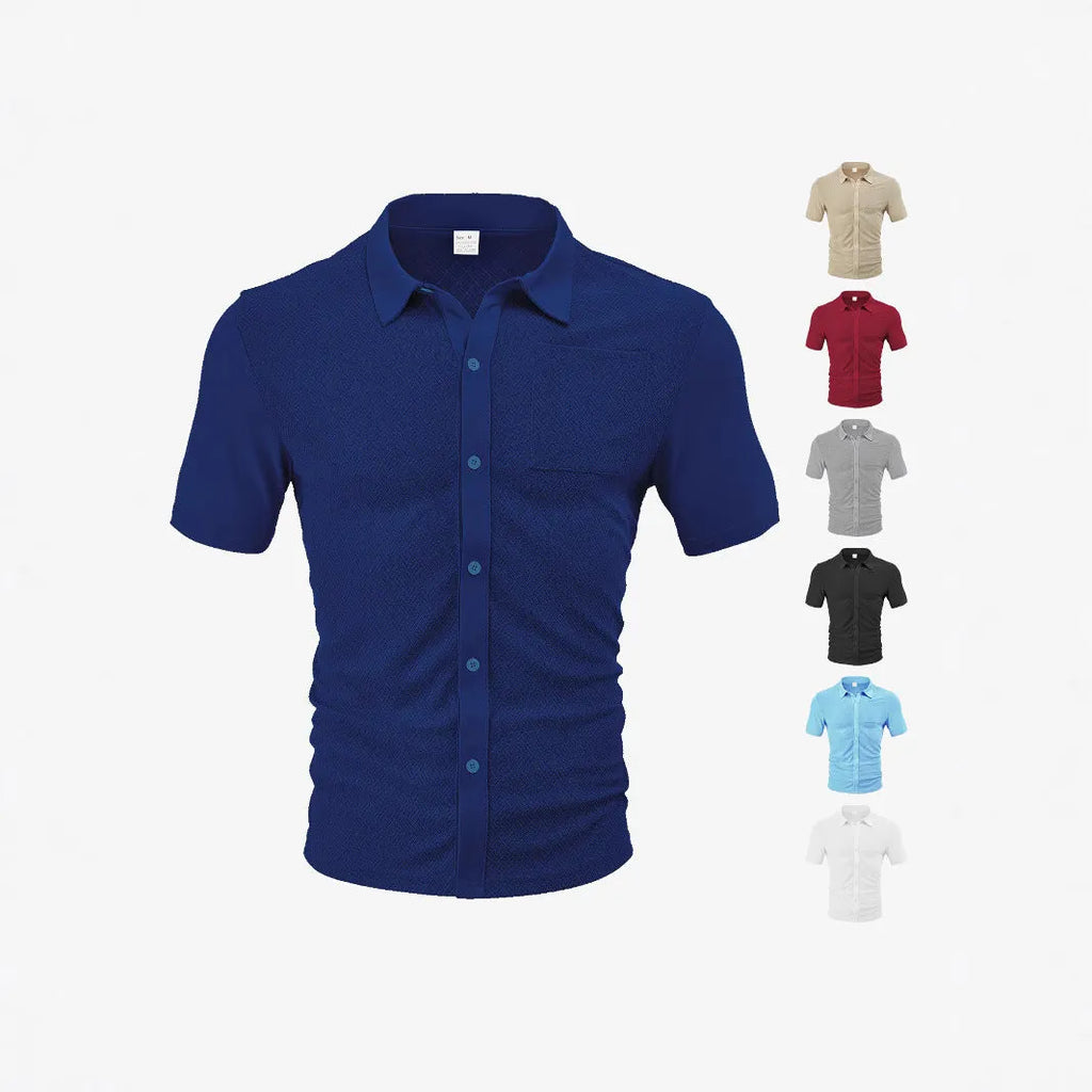 Loose breathable lapel cardigan in jacquard short sleeve style, available in multiple colours including navy blue and khaki