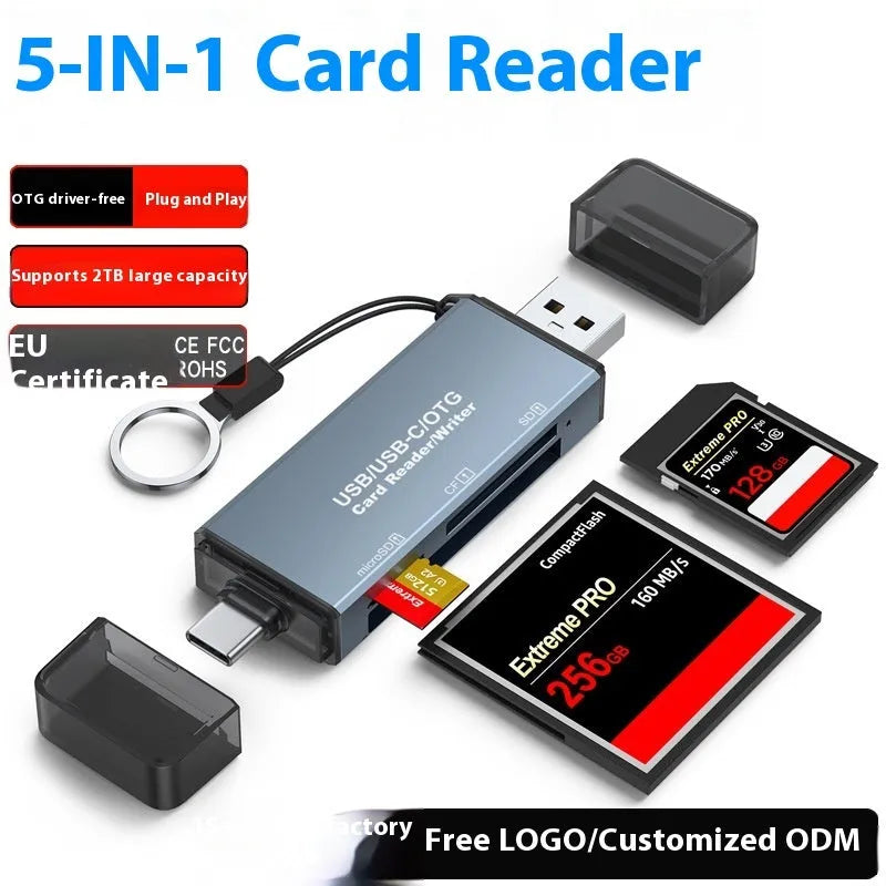 Silver aluminium three-in-one memory card reader for CF, SD, and TF cards with USB and Type-C ports.