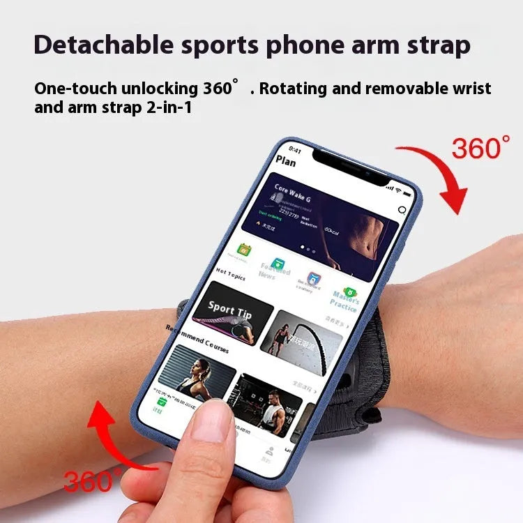 Sports mobile phone arm bag in black with phone inserted showing adjustable strap and waterproof construction