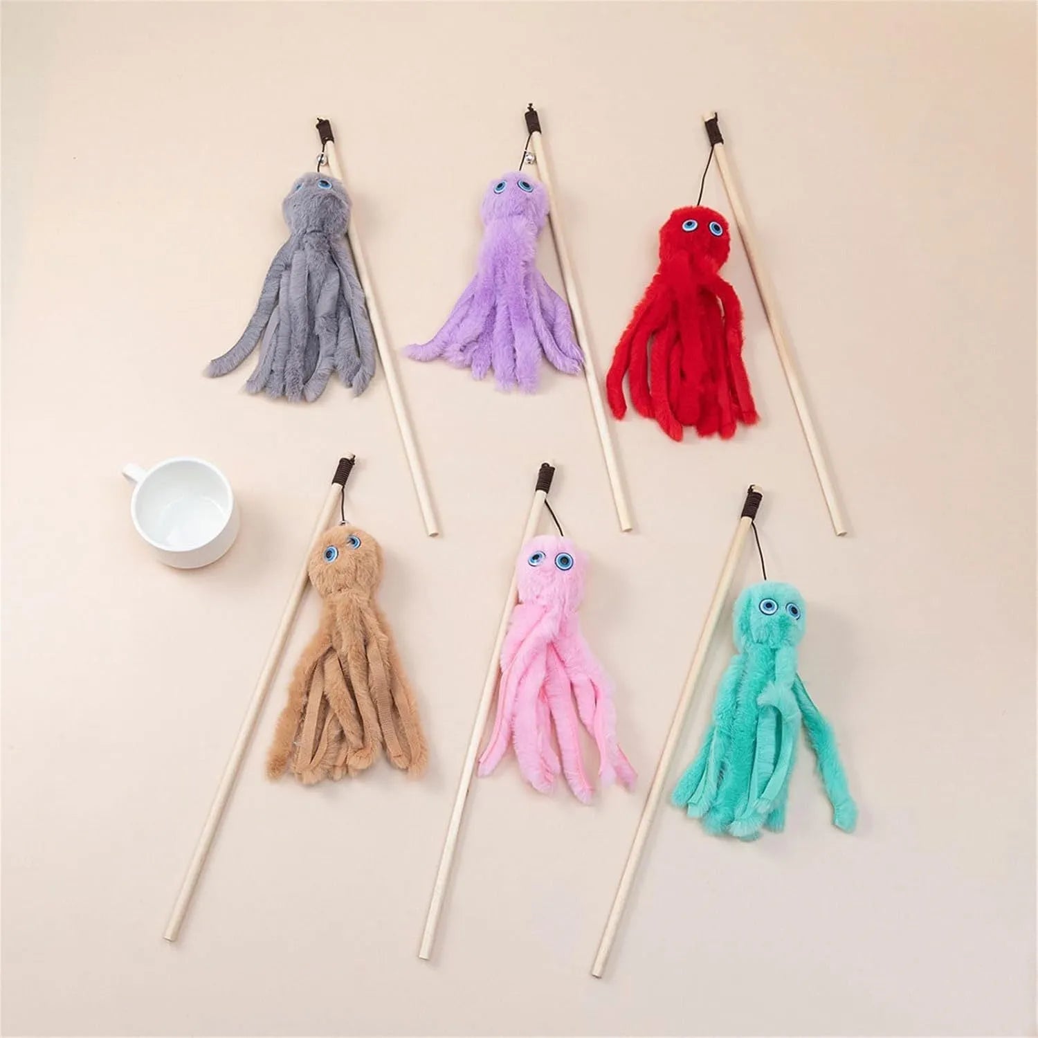 Octopus cat toy with long stick in multiple colours for indoor play