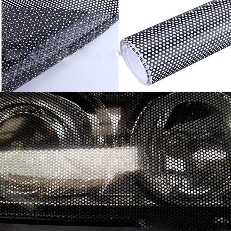 Perforated mesh automotive vinyl wrap film sheet measuring 30 by 106 centimetres.