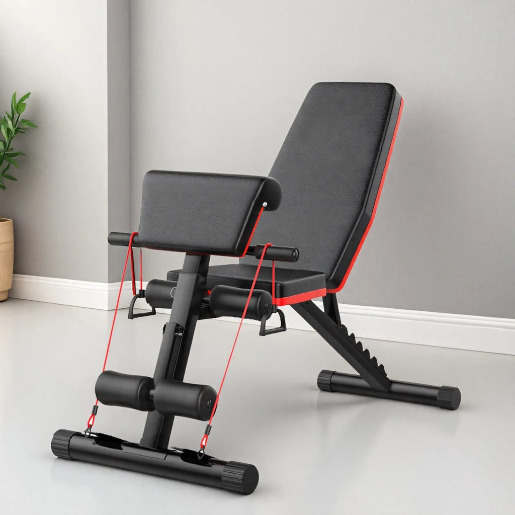 Home multi-function foldable incline fitness bench with metal frame and pull rope on plain background